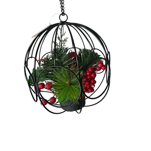 9" Hanging Ball With Artificial Pine & Berry Arrangement In Black Metal Cage Des - Picture 8 of 11